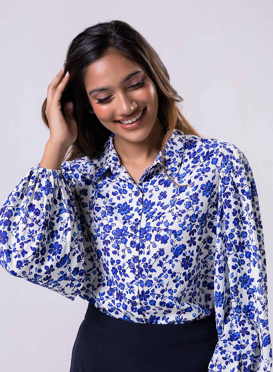 Long Sleeve Elasicated Printed Chiffon Shirt Blue Top