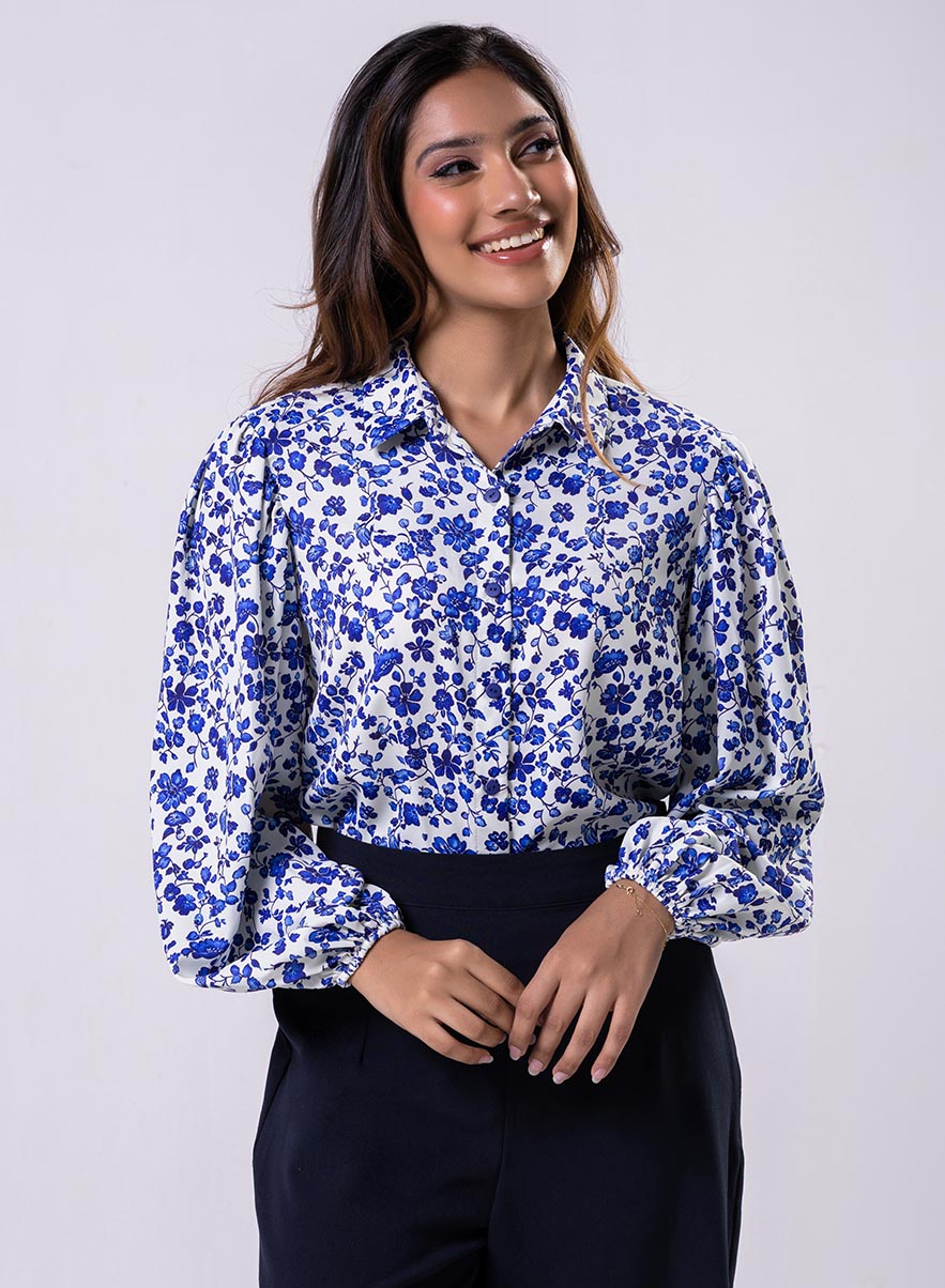 Long Sleeve Elasicated Printed Chiffon Shirt Blue Top