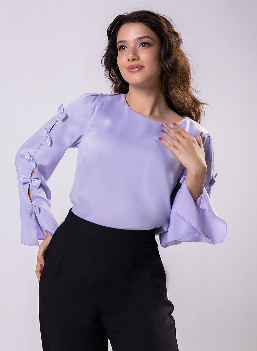 Split Sleeve With Bow Chiffon Lavendar  Top