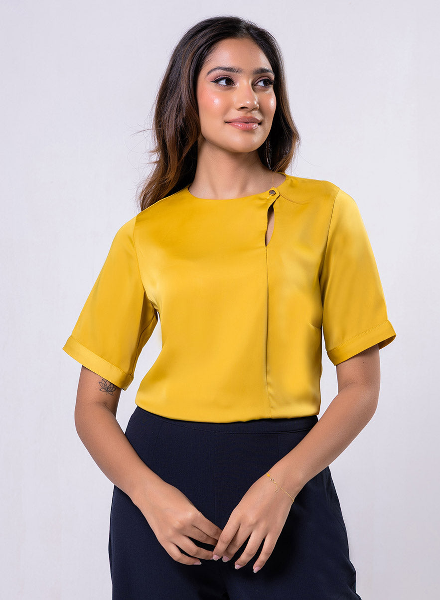 Side Neck Buttoned Short Sleeve Satin Top