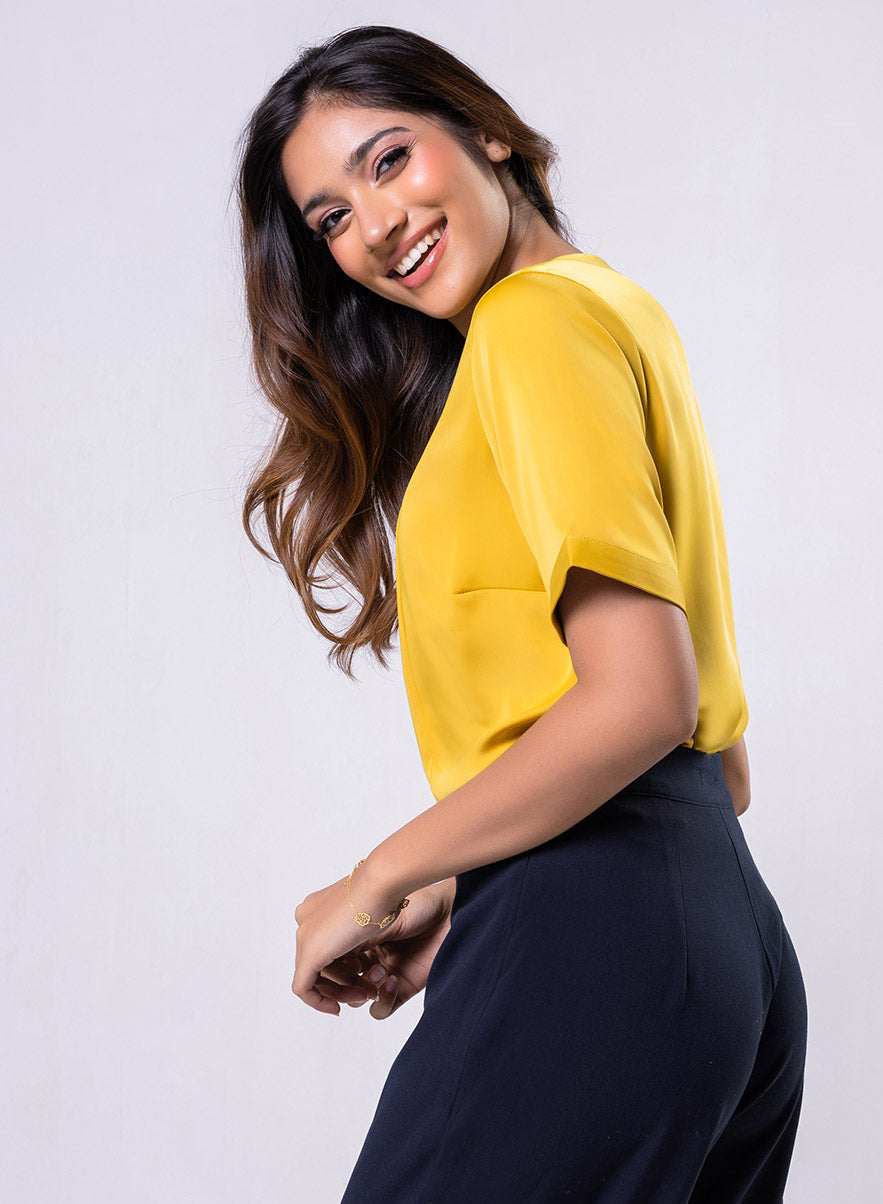 Side Neck Buttoned Short Sleeve Satin Top