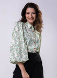 Long Sleeve Elasicated Printed Chiffon Shirt Top