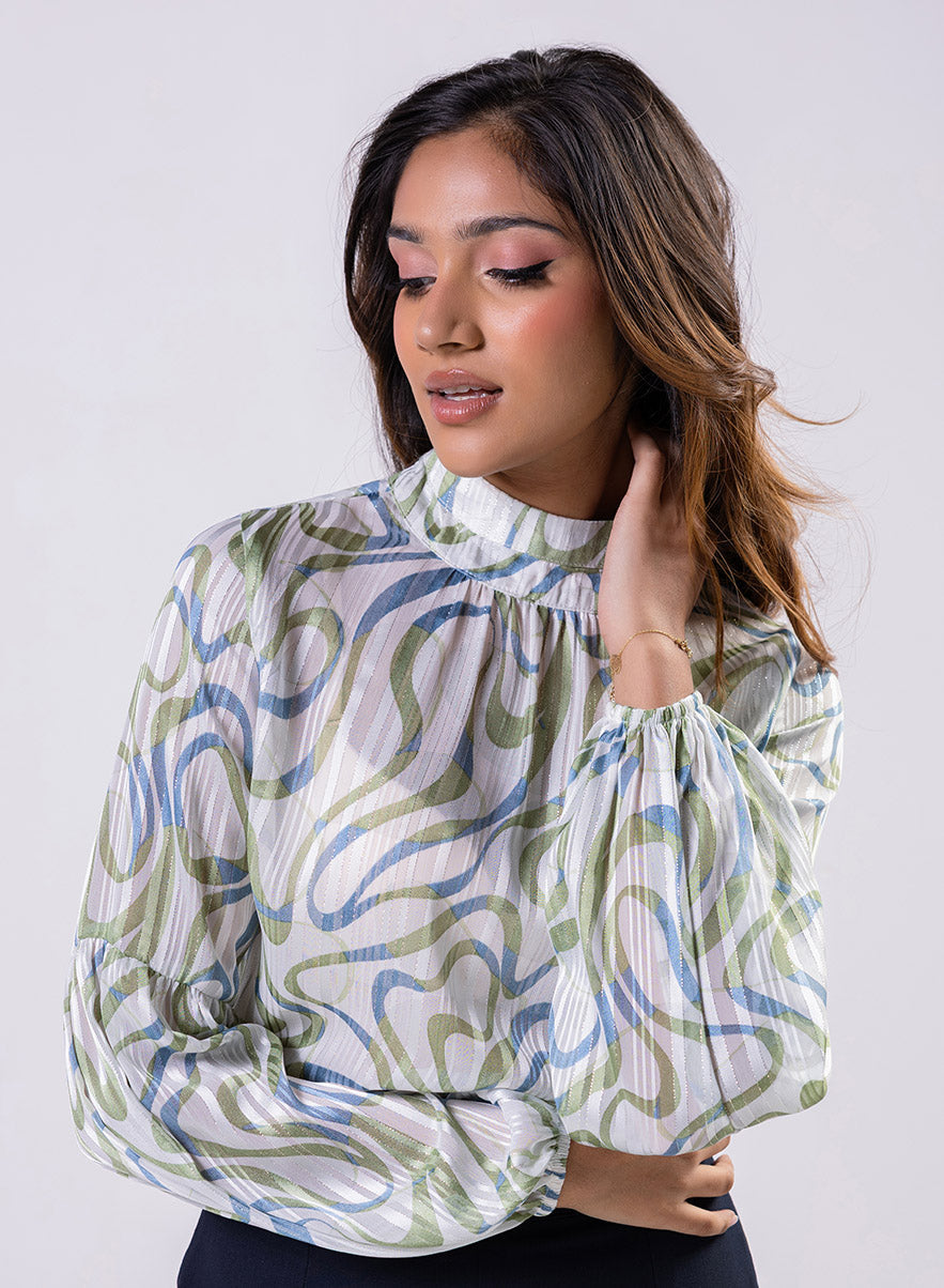 High Neck Printed Long Sleeve Top