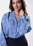 V Neck Mandarine Collar Top-Blue