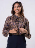 Long Sleeve Printed Frilled Collared Top
