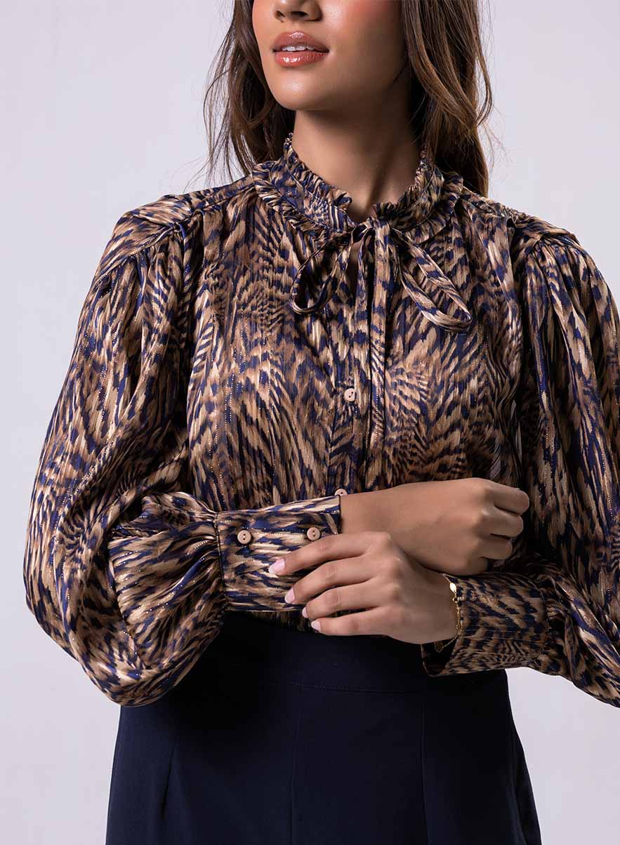 Long Sleeve Printed Frilled Collared Top