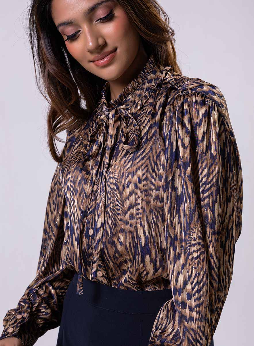 Long Sleeve Printed Frilled Collared Top