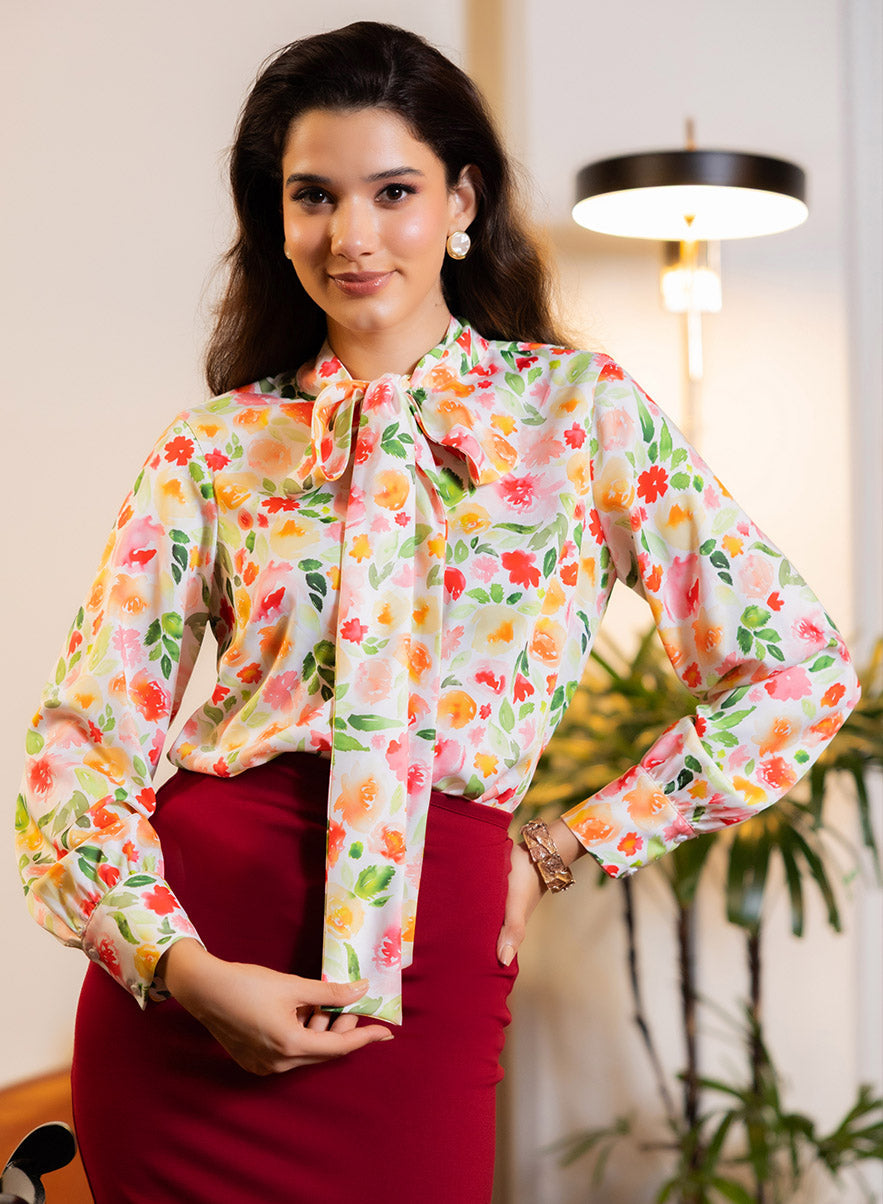 Long Sleeve Printed Neck Tie Top