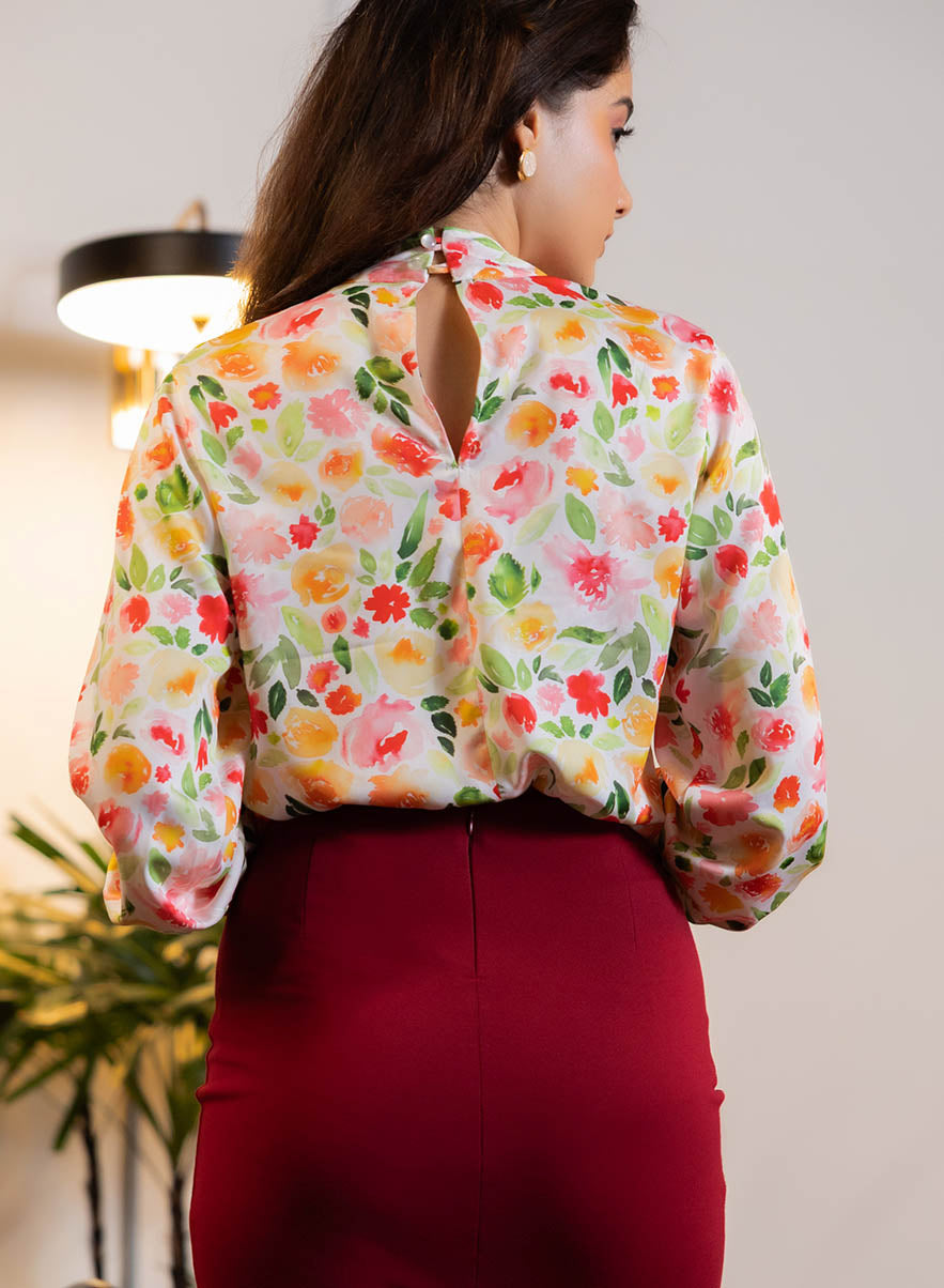 Long Sleeve Printed Neck Tie Top