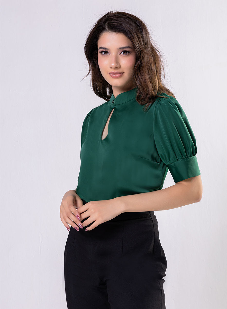 Deep Opened V Neck With  A Band Satin Green Top