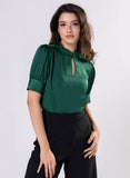 Deep Opened V Neck With  A Band Satin Green Top