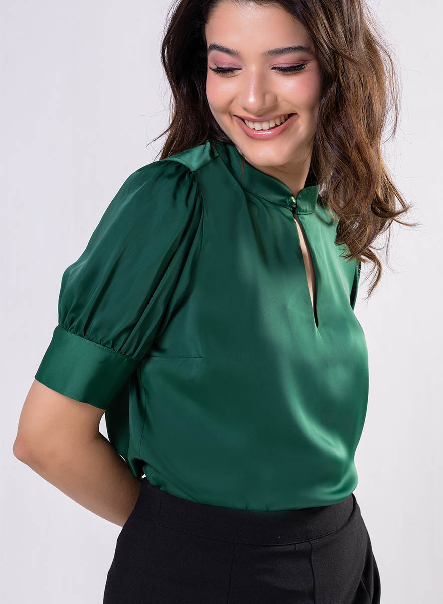 Deep Opened V Neck With  A Band Satin Green Top