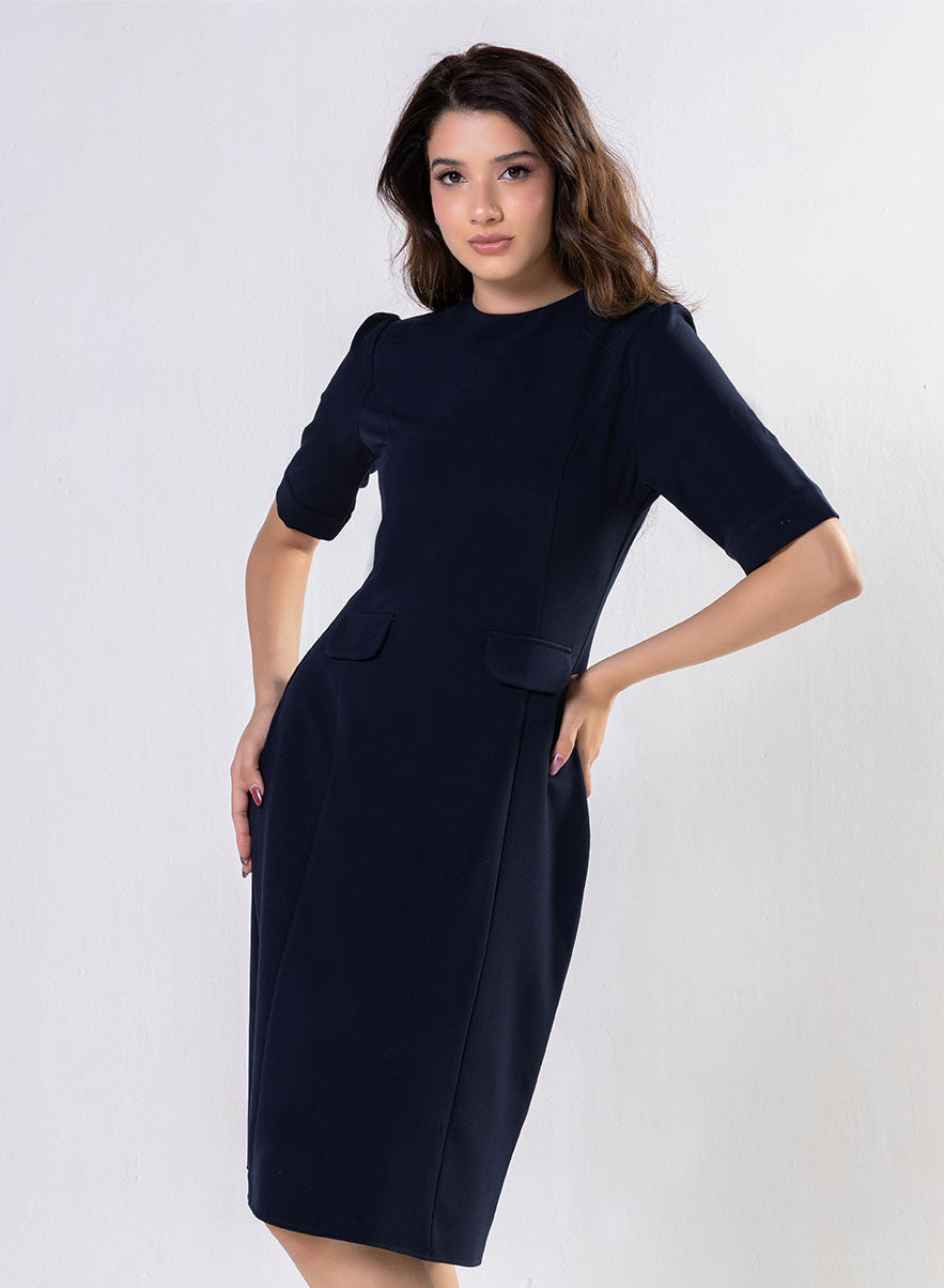 Round Neck Shift Dress With Flaps -Navy Blue