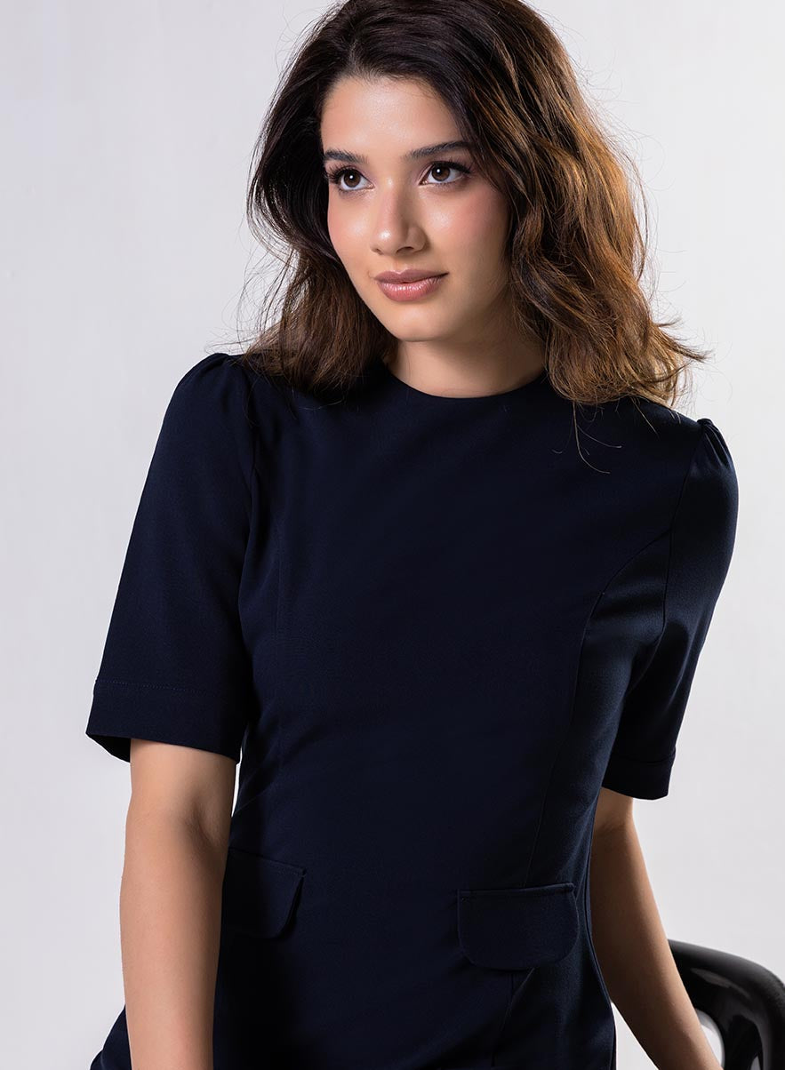 Round Neck Shift Dress With Flaps -Navy Blue