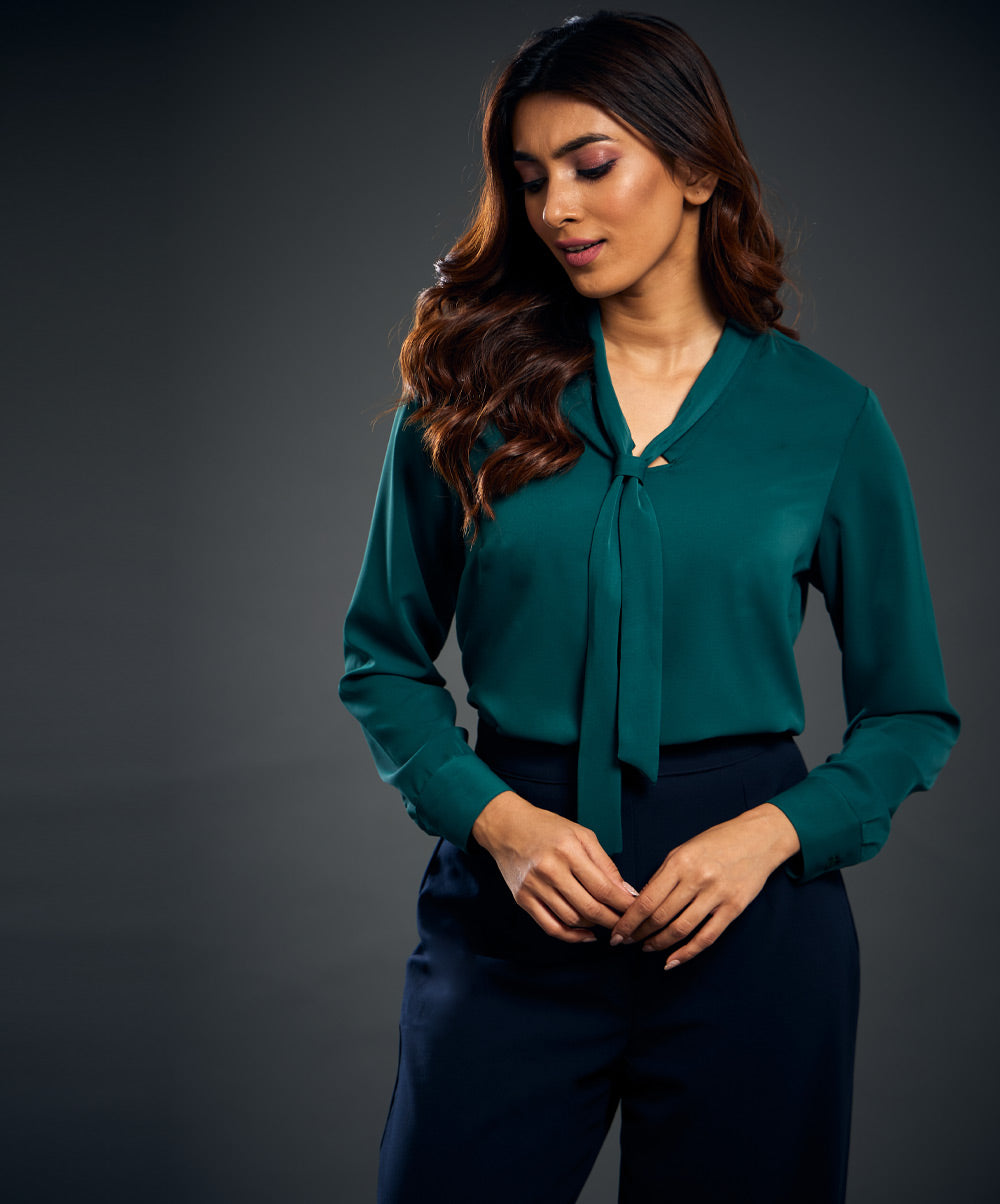 Neck Tie Chiffon Long Sleeve Top-Green