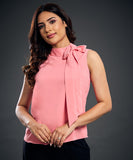 Neck Tie Chiffon Sleeveless Top-Pink