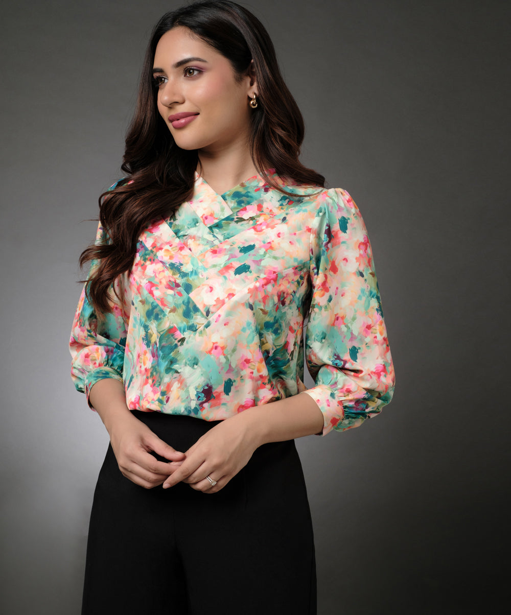 Printed Detailed Pleating Attached Chiffon Top