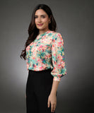 Printed Detailed Pleating Attached Chiffon Top