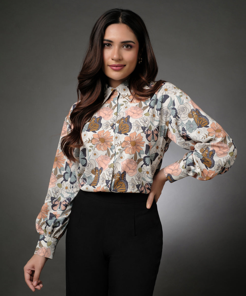 Chiffon Printed Shoulder Dropped Shirt