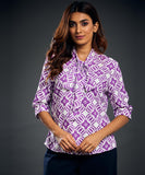 Front Tie Half Sleeve Purple Printed  Top