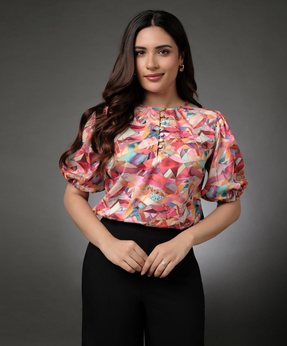 Satin Printed Button Formal Top