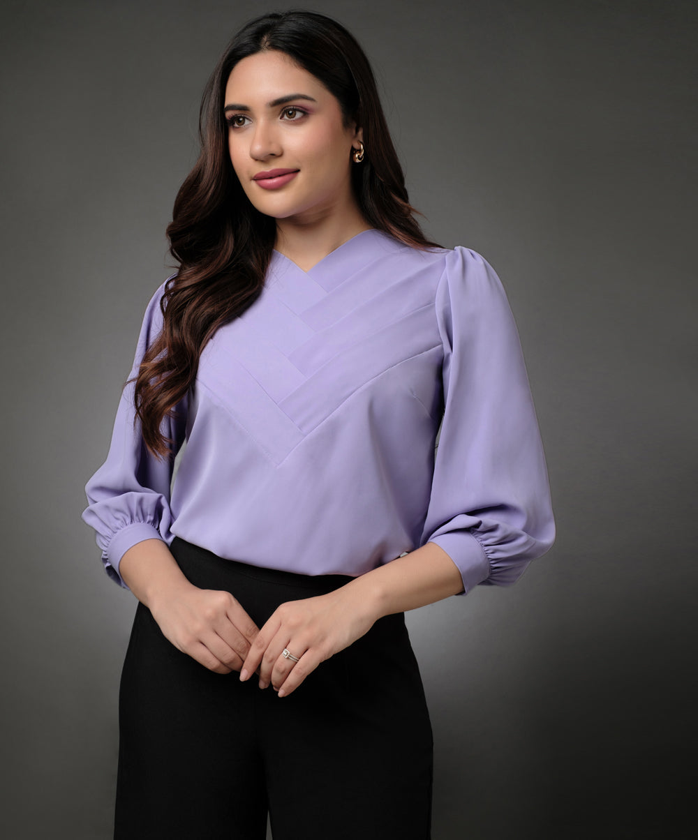 Front Slanted Pleated Lavender Half Sleeve Top