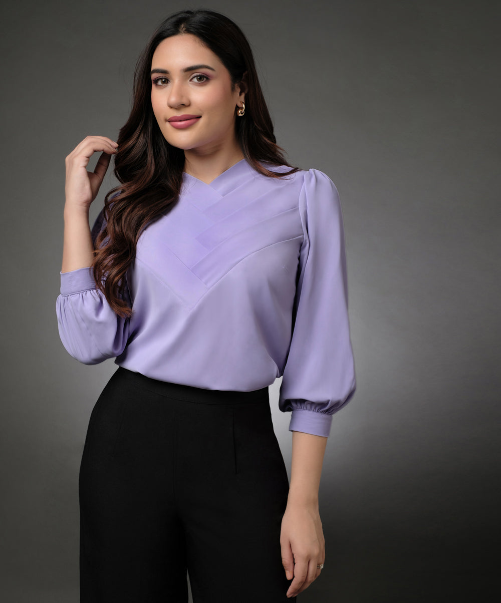 Front Slanted Pleated Lavender Half Sleeve Top