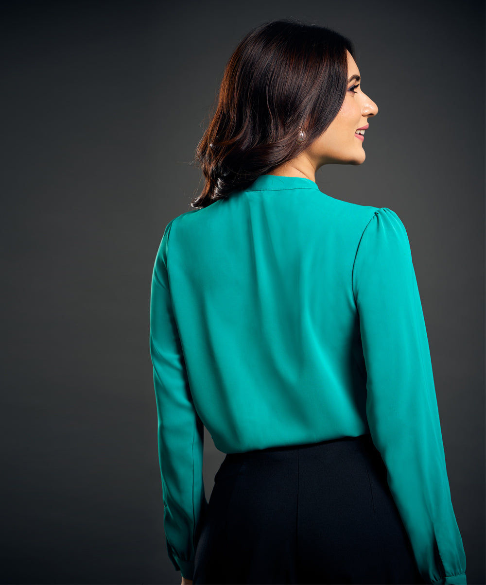 Solid Tie Neck Blouse-Green