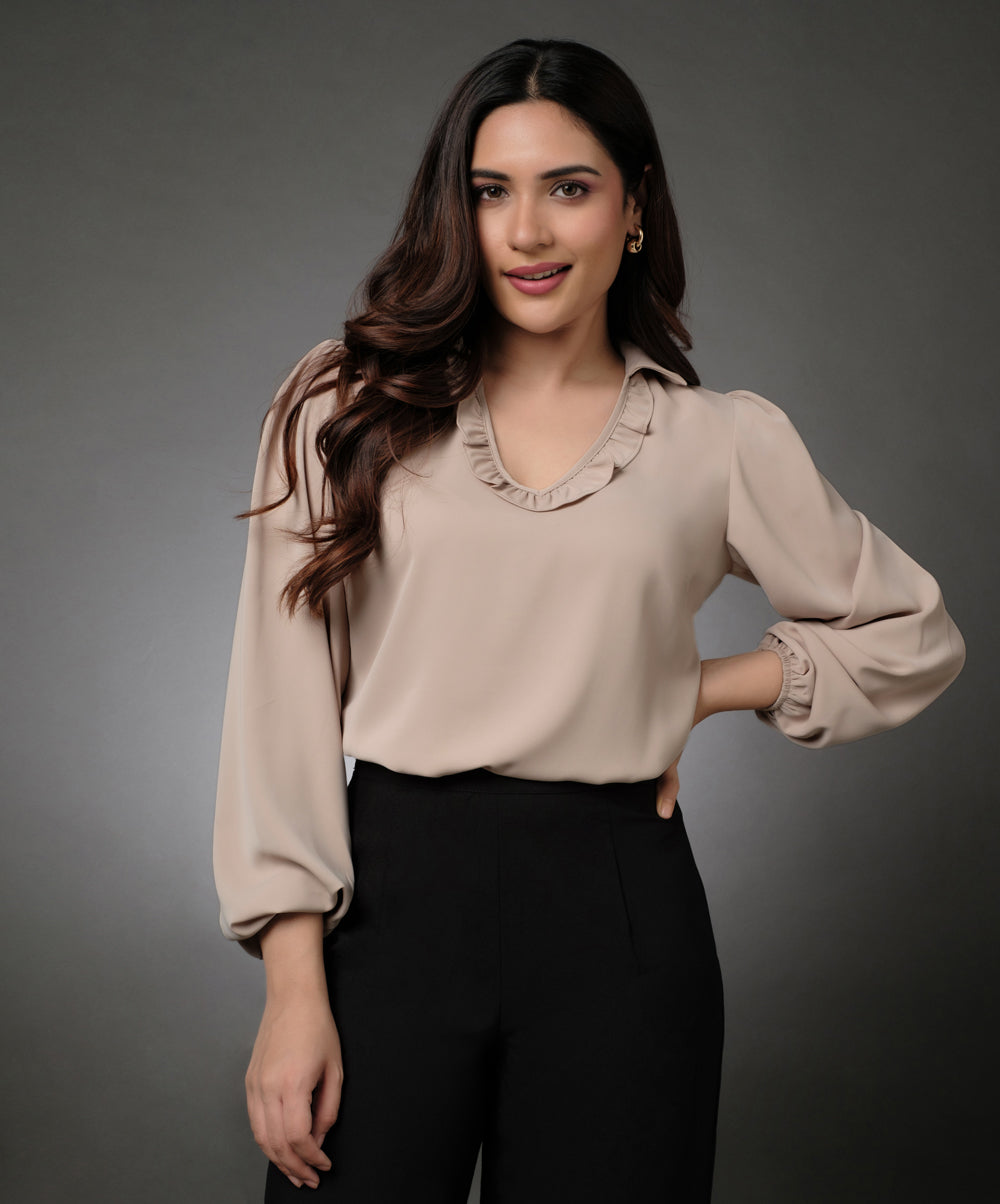 Vneck Frilled Classic Collared Chiffon Top