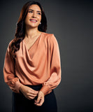 Draped Collar Lantern Sleeve Brown Blouse