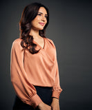 Draped Collar Lantern Sleeve Brown Blouse