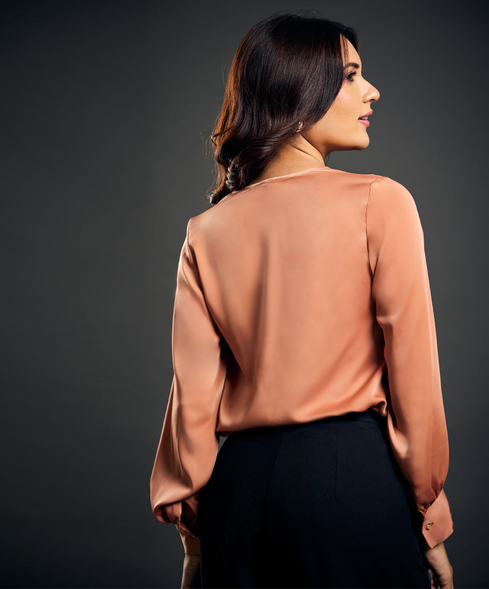 Draped Collar Lantern Sleeve Brown Blouse