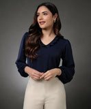 Vneck Frilled Classic Collared Navy Top