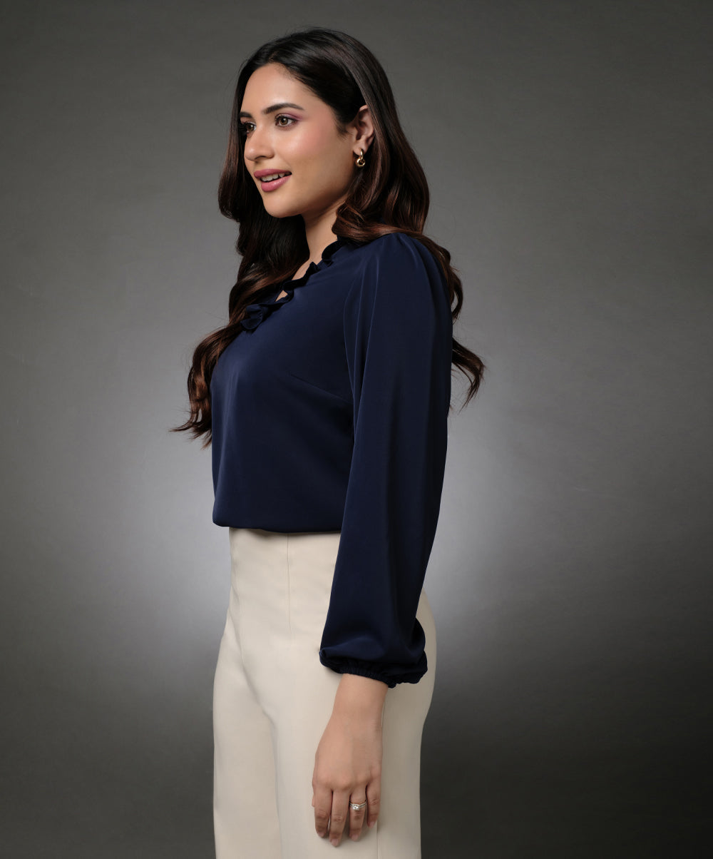 Vneck Frilled Classic Collared Navy Top