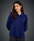 Long Sleeve Pintuck Shirt Chiffon Top-Blue