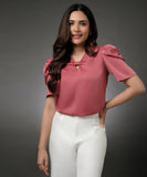 Bow Attached Sleeve Gathered Pink Satin Top