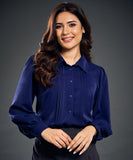 Long Sleeve Pintuck Shirt Chiffon Top-Blue