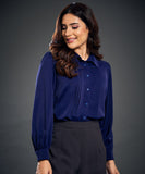 Long Sleeve Pintuck Shirt Chiffon Top-Blue