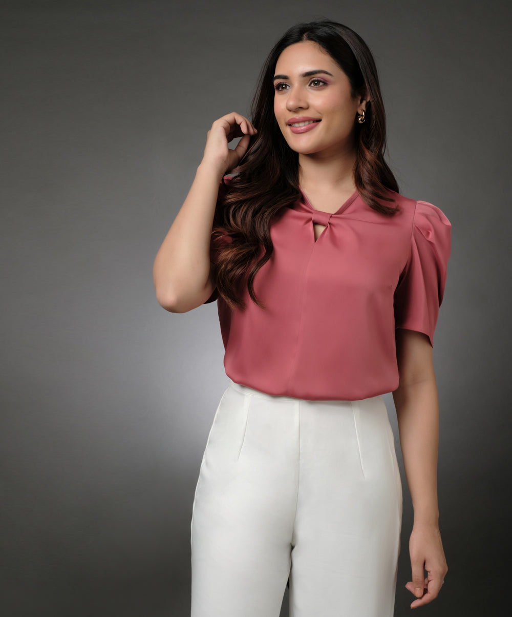 Bow Attached Sleeve Gathered Pink Satin Top