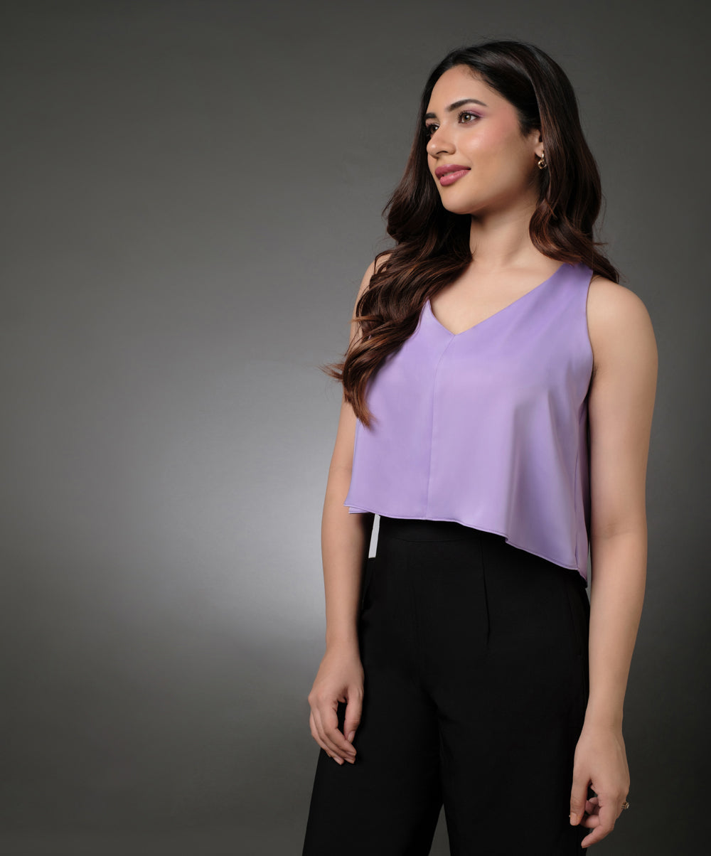 Silk Satin Vneck Sleeveless Lavender Top