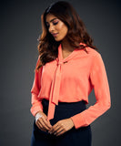 Neck Tie Chiffon Long Sleeve Top-Pink