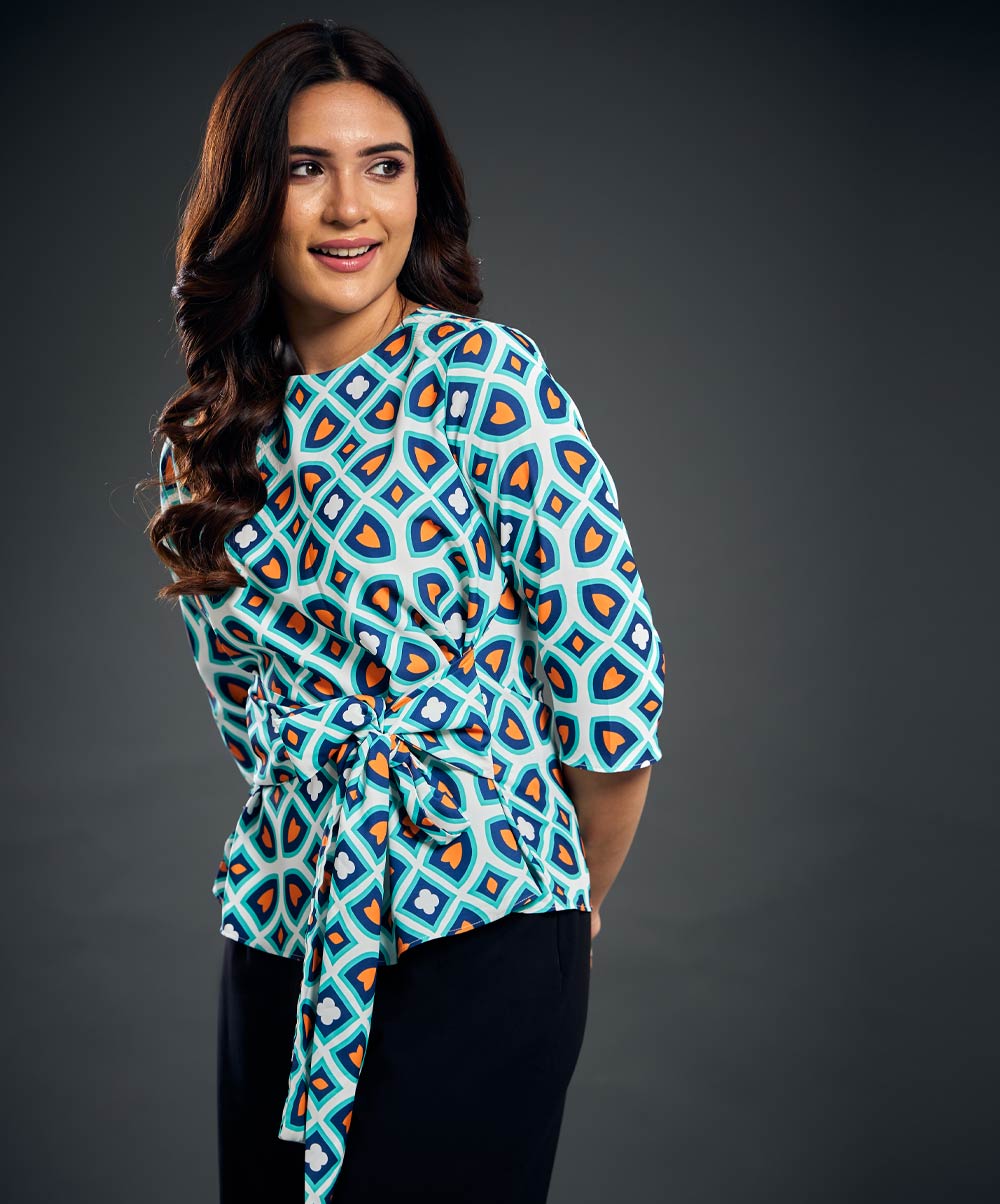 Front Tie Half Sleeve Printed Top