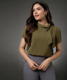 Neck Tie Short Sleeve Olive Top