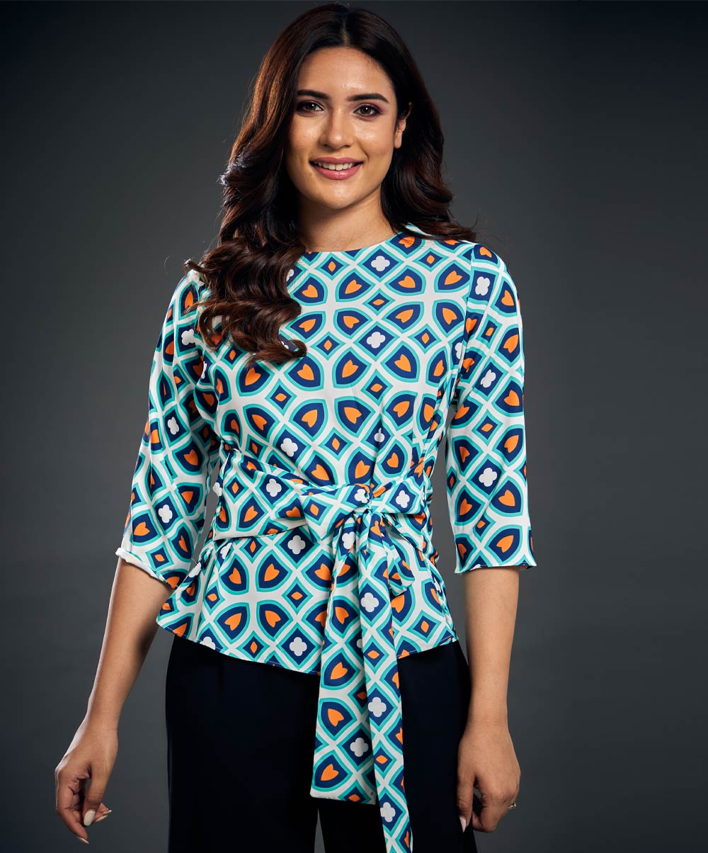 Front Tie Half Sleeve Printed Top