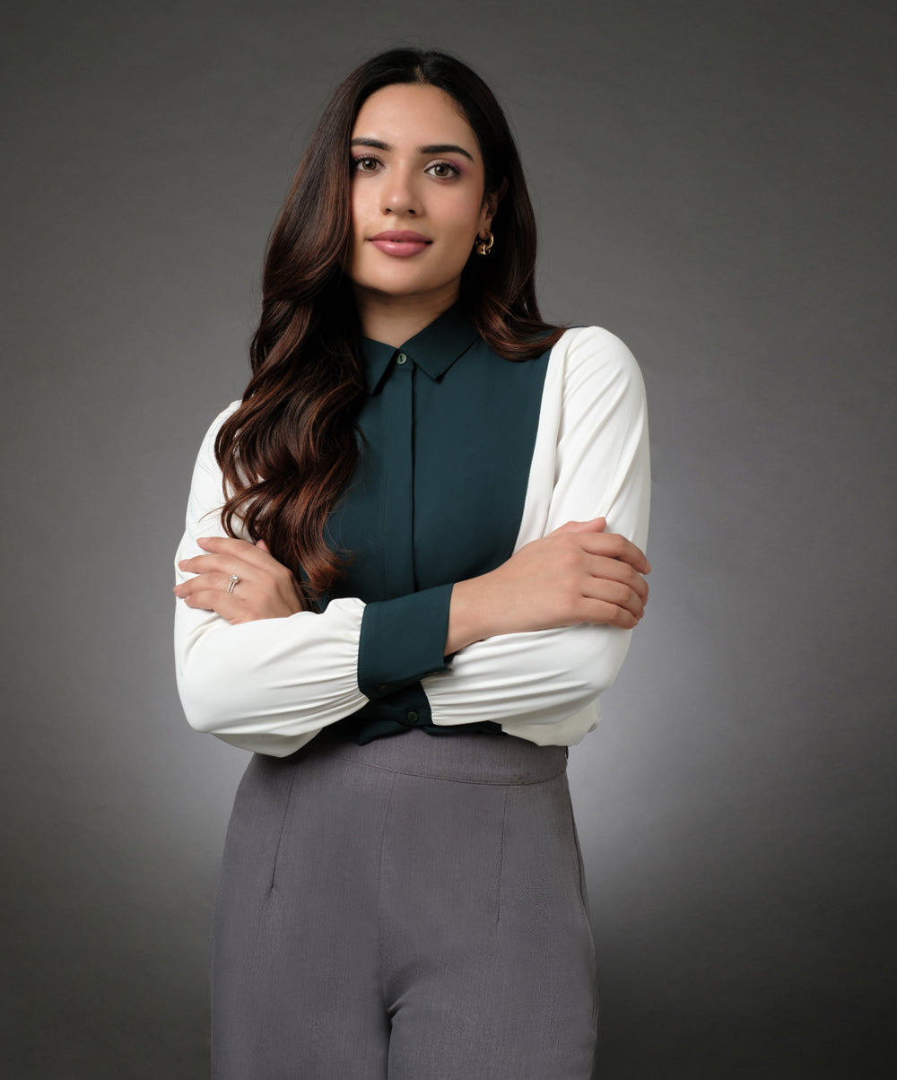 White And Green Contrast Paneled Shirt