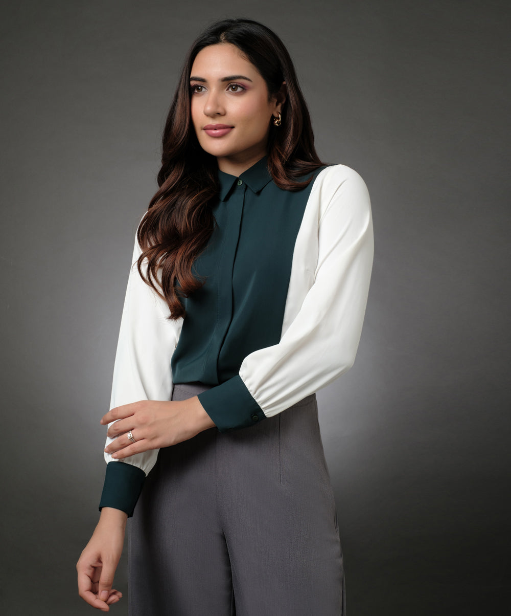 White And Green Contrast Paneled Shirt