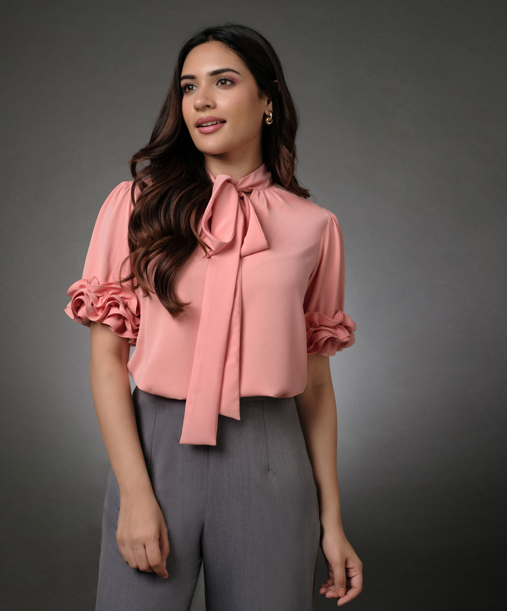 Sleeve Detailed Neck Tie Pink Top