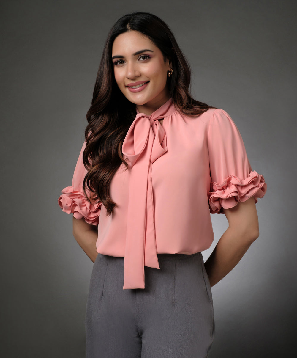 Sleeve Detailed Neck Tie Pink Top