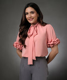 Sleeve Detailed Neck Tie Pink Top