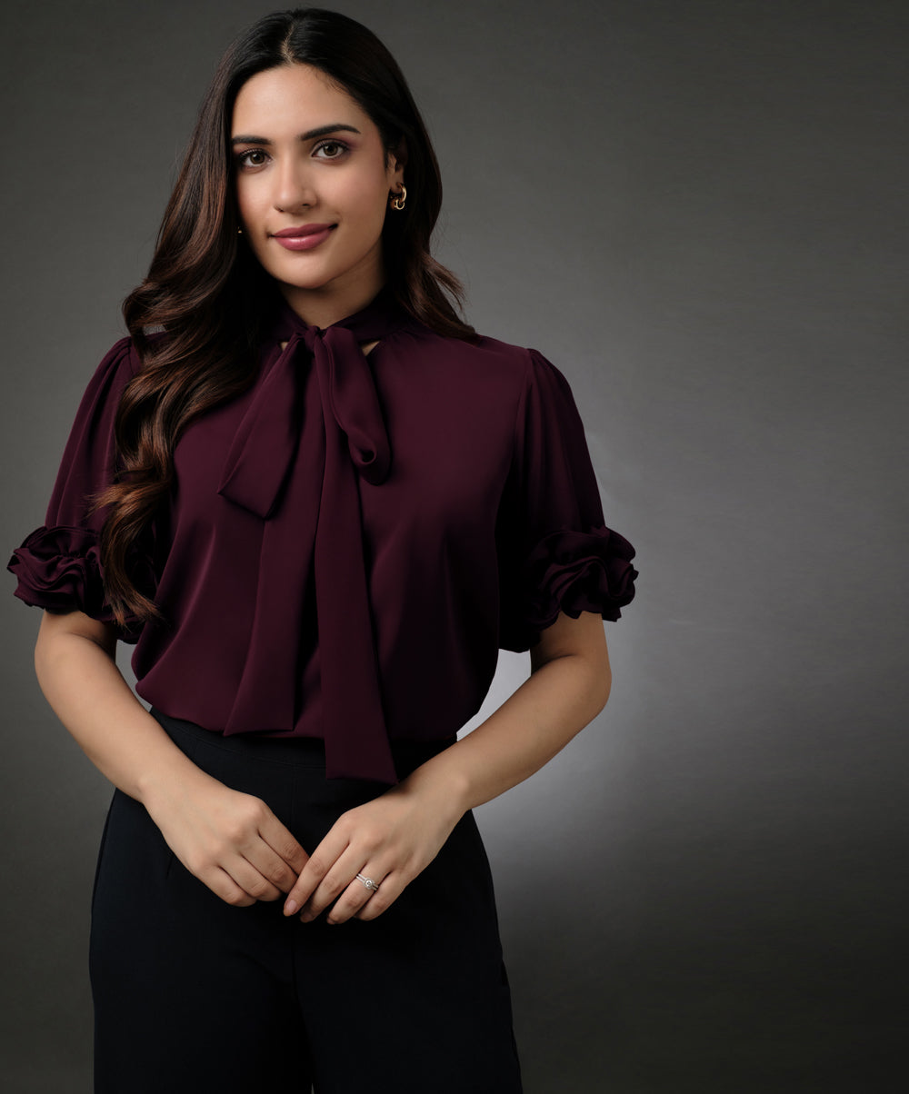 Sleeve Detailed Neck Tie Maroon Top